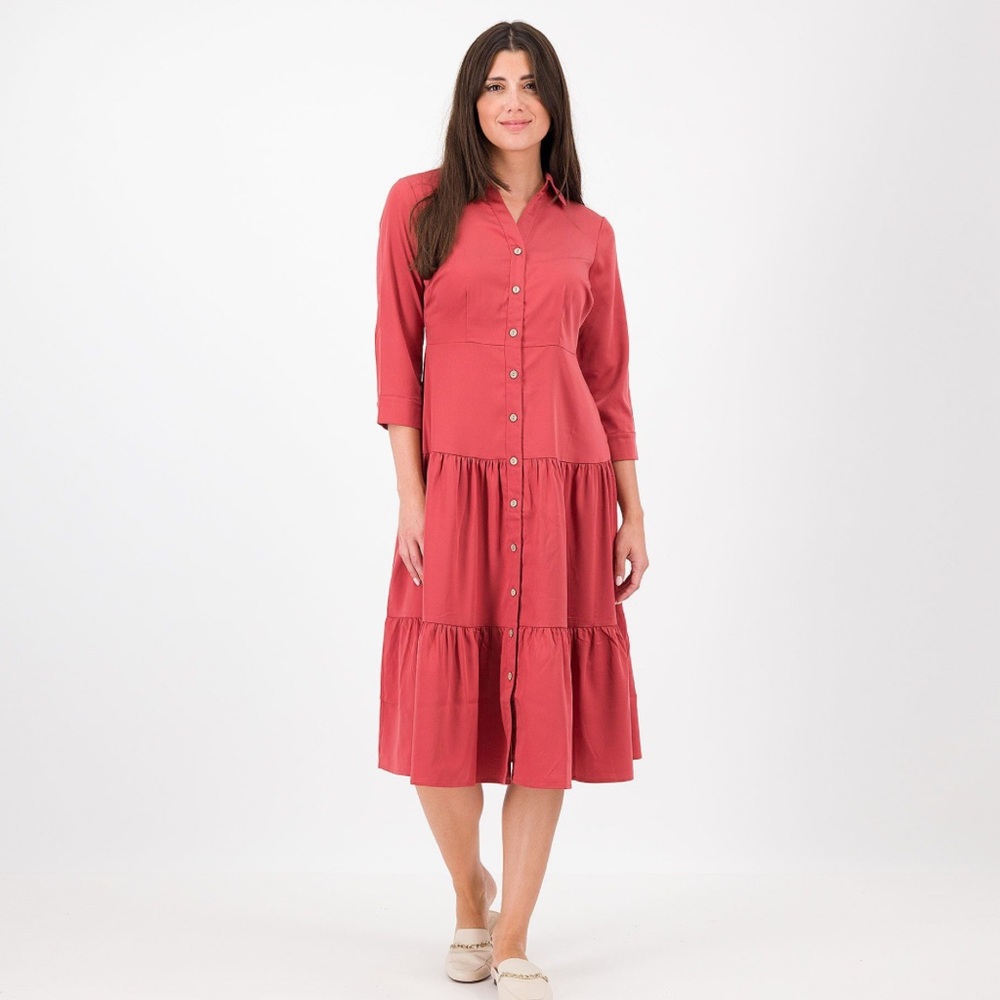 Nina Leonard Tiered Button Front Dress pink Size Small‎